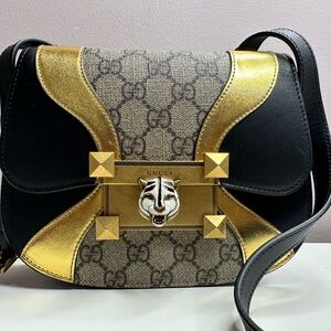 Gucci Ojiride Crossbody Shoulder Bag F023471347 Black Gold Beige Leather  Womens